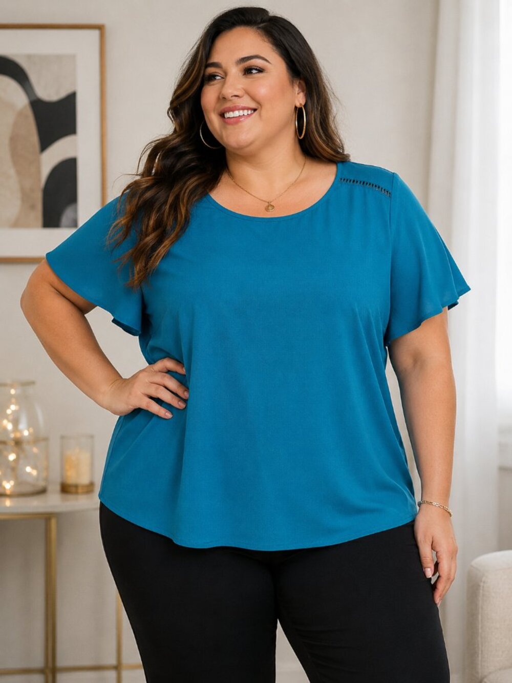 Lane Bryant Teal Flutter Sleeve Blouse Plus Size 26 Career Casual Top